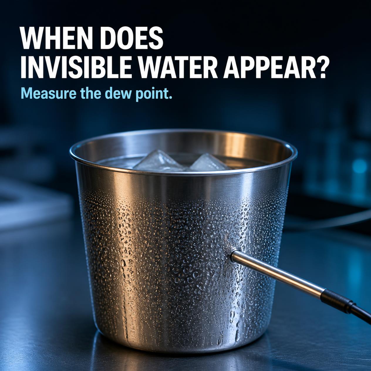 A metal cup containing ice and water develops tiny droplets on its cold exterior beside a surface-temperature probe.