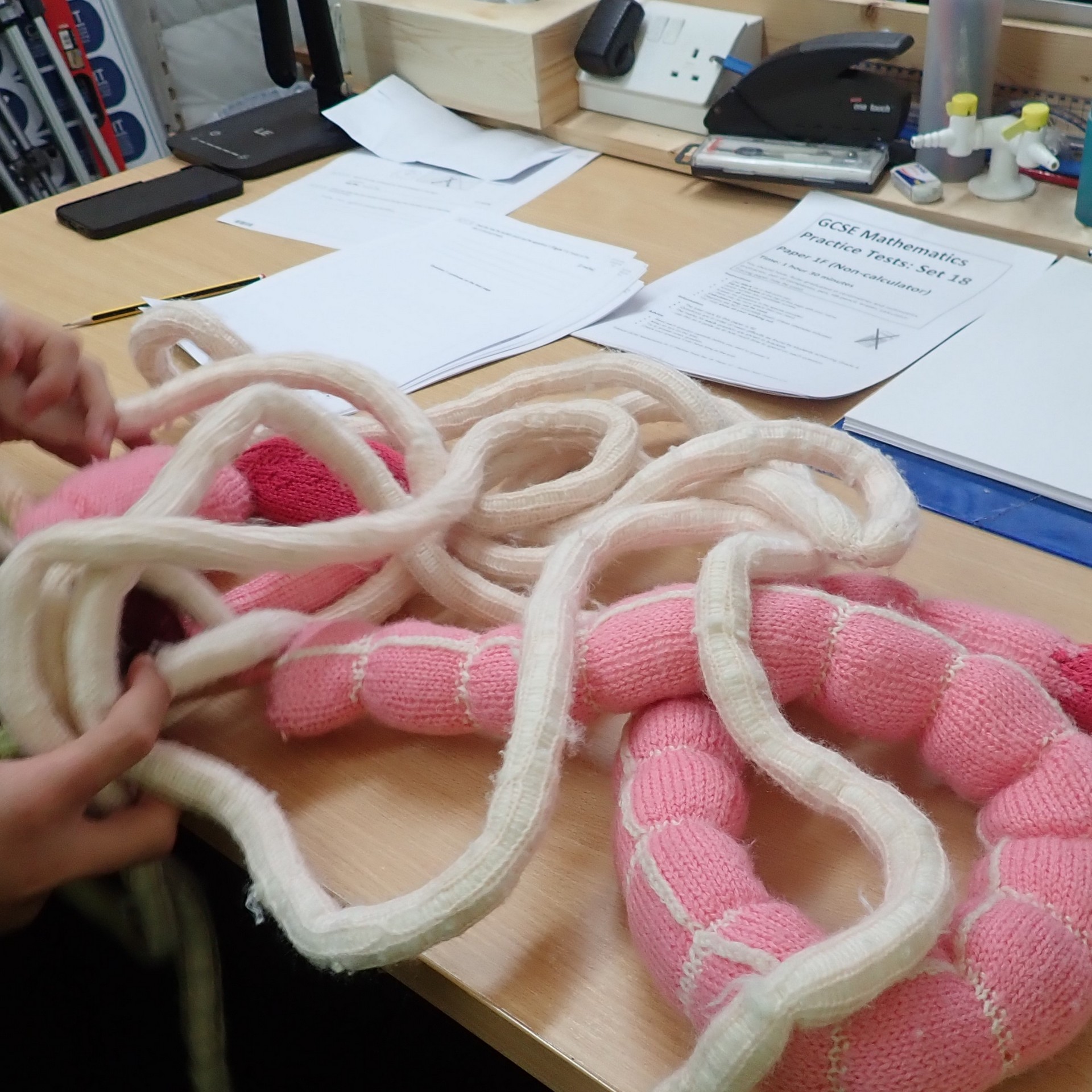 A life sized hand knitted gut so student scan see what is insidew them